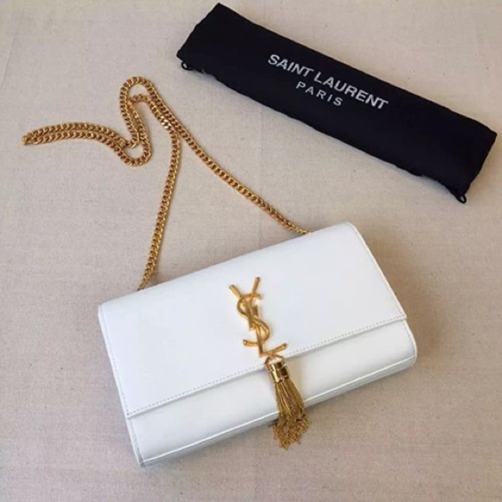 YSL White Tassel Bag with Gold Chain